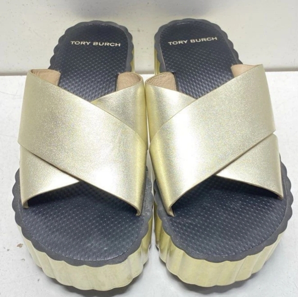 🎀Clearance🎀 Tory Burch Leather Gold Platform Sandals Shoes Size 9 M - Picture 6 of 14
